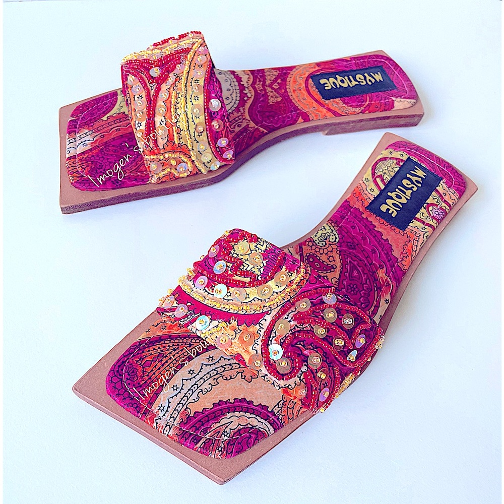 NIB Pink orange square toe flats beaded sequined bohemian slides fuscia shimmer